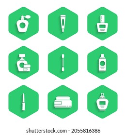 Set Cotton swab for ears, Cream lotion cosmetic tube, Perfume, Bottle of shampoo, Nail file, polish bottle and  icon. Vector