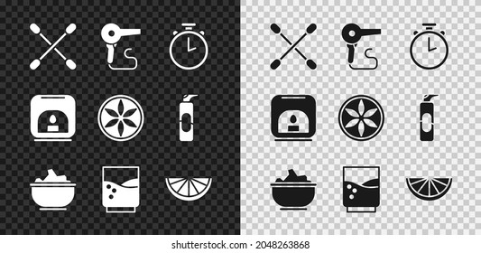 Set Cotton swab for ears, Hair dryer, Stopwatch, Sea salt in bowl, Glass with water, Citrus fruit, Aroma lamp and Leaf plant nature icon. Vector