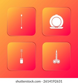 Set Cotton swab for ears, Makeup powder with mirror, Mascara brush and Scissors icon. Vector