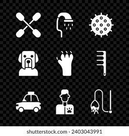 Set Cotton swab for ears, Pet shower, Tennis ball, car taxi, Veterinarian doctor, cat toy, Dog and Paw print icon. Vector