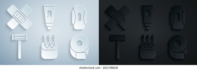 Set Cotton swab for ears, Sanitary napkin, Shaving razor, Toilet paper roll, Tube of toothpaste and Crossed bandage plaster icon. Vector
