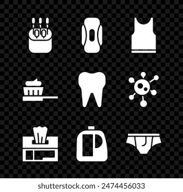 Set Hisopo de algodón para orejas, servilleta sanitaria, camiseta sin mangas, paquete de toallita húmeda, agente de limpieza de botellas, ropa interior, cepillo de dientes con pasta de dientes e icono. Vector