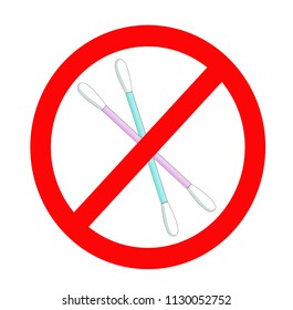 Set of cotton swabs with a forbidden sign. Prohibition concept. Polluting material for the sea and the environment, unhealthy. Isolated vector.