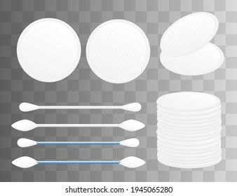 Set of cotton swabs and cotton pads ear stick buds healthy hygiene for human skin care hygiene products vector illustration on transparent background