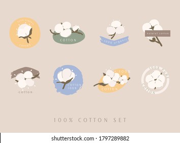 Set of cotton vector labels/tags. Hand drawn, typographic style icons or badges, stickers, signs.