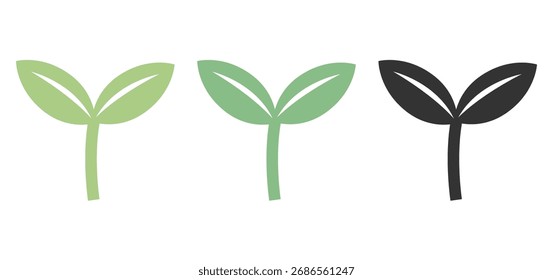 Conjunto de ilustrações de folhas de Cotyledon - Design de vetor plano em verde claro, verde e preto para conceitos ecológicos e orgânicos