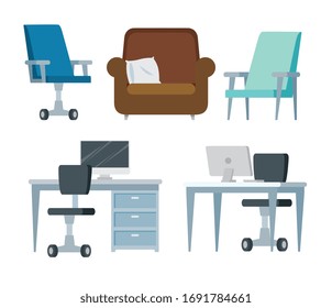 conjunto de sofás con escritorio y sillas diseño de ilustración vectorial