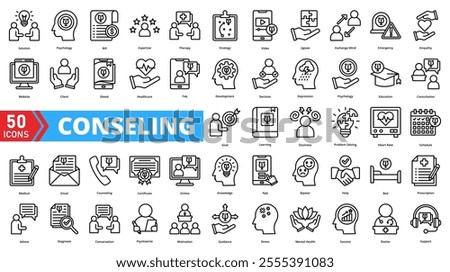 Set of counseling web icons in line style. Containing therapy, support, guidance, help, advice, communication, empathy, listening, care, solution