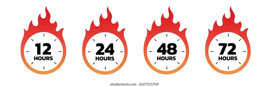 Set of countdown clock icons with fire design showing 12, 24, 48, and 72 hours. Perfect for urgent promotions, limited-time offers, express delivery, or sales marketing. Editable vector illustration.