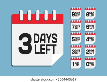 Set countdown daily page calendar icons - 3 days left. Three days left until the end of the sale, promotion. Countdown for discounts. Reminder to make a purchase. Vector text call to purchase