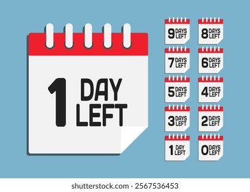 Set countdown daily page calendar icons - 1 days left. One day left until the end of the sale, promotion. Countdown for discounts. Reminder to make a purchase. Vector text call to purchase