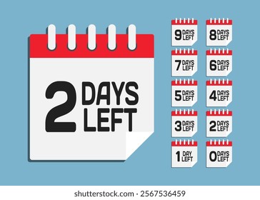 Set countdown daily page calendar icons - 2 days left. Two days left until the end of the sale, promotion. Countdown for discounts. Reminder to make a purchase. Vector text call to purchase