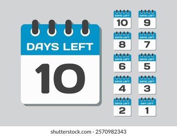 Set countdown daily page calendar icons - 10 days left. Ten days left until the end of the sale, promotion. Countdown for discounts. Reminder to make a purchase. Vector text call to purchase