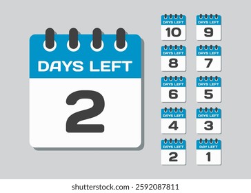 Set countdown daily page calendar icons - 2 days left. Two days left until the end of the sale, promotion. Countdown for discounts. Reminder to make a purchase. Vector text call to purchase