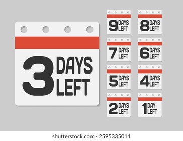 Set countdown daily page calendar icons - 3 days left. Three days left until the end of the sale, promotion. Countdown for discounts. Reminder to make a purchase. Vector text call to purchase