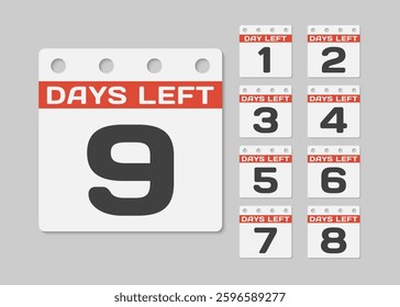 Set countdown daily page calendar icons - 9 days left. Nine days left until the end of the sale, promotion. Countdown for discounts. Reminder to make a purchase. Vector text call to purchase