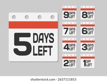 Set countdown daily page calendar icons - 5 days left. Five days left until the end of the sale, promotion. Countdown for discounts. Reminder to make a purchase. Vector text call to purchase