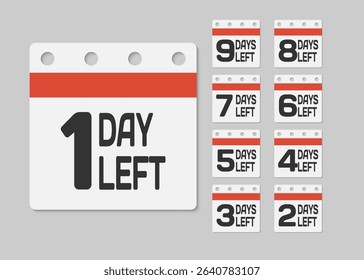 Set countdown daily page calendar icons - 1 day left. One day left until the end of the sale, promotion. Countdown for discounts. Reminder to make a purchase. Vector text call to purchase