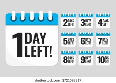 Establecer iconos de calendario de página diaria de cuenta regresiva - queda 1 día. Quedó un día hasta el final de la venta, promoción. Cuenta atrás para descuentos. Recordatorio para hacer una compra. Llamada de texto de Vector para comprar