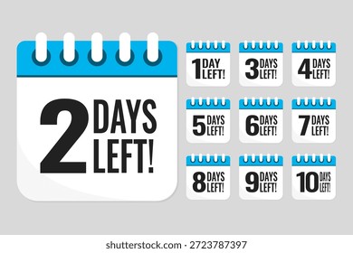 Establecer iconos de calendario de página diaria de cuenta regresiva - quedan 2 días. Quedan dos días para el final de la venta, promoción. Cuenta atrás para descuentos. Recordatorio para hacer una compra. Llamada de texto de Vector para comprar