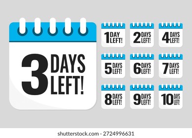 Establecer iconos de calendario de página diaria de cuenta regresiva - quedan 3 días. Quedan tres días para el final de la venta, promoción. Cuenta atrás para descuentos. Recordatorio para hacer una compra. Llamada de texto de Vector para comprar