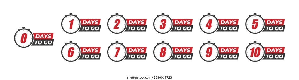 Set of Countdown of days from 0, 1 to 10. Number of days left badges. Offer timer, sticker limited to a few days. Ten, nine, eight, seven, six, five, four, three, two, one and zero days to go. Vector