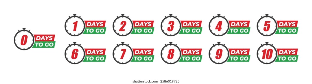 Set of Countdown of days from 0, 1 to 10. Number of days left badges. Offer timer, sticker limited to a few days. Ten, nine, eight, seven, six, five, four, three, two, one and zero days to go. Vector