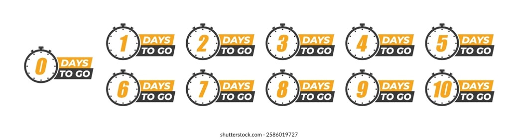 Set of Countdown of days from 0, 1 to 10. Number of days left badges. Offer timer, sticker limited to a few days. Ten, nine, eight, seven, six, five, four, three, two, one and zero days to go. Vector