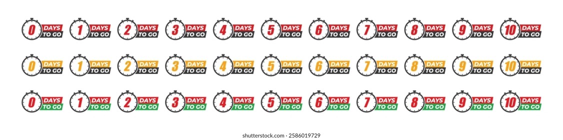 Set of Countdown of days from 0, 1 to 10. Number of days left badges. Offer timer, sticker limited to a few days. Ten, nine, eight, seven, six, five, four, three, two, one and zero days to go. Vector