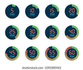 set of countdown digital timer icon symbol. from 5 minute to 60 minute. digital timer clock vector isolated on white background.