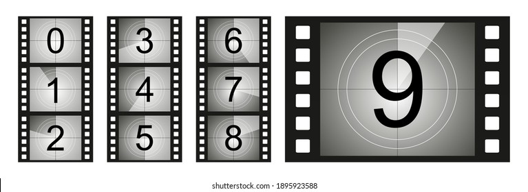 Set of countdown frame. Film countdown. Movie timer count. Retro cinema strip. Vintage timer count.