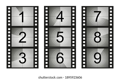 Set of countdown frame. Film countdown. Movie timer count. Retro cinema strip. Vintage timer count.