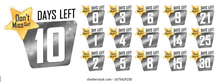 Set countdown tags, number days left banners design template, vector illustration