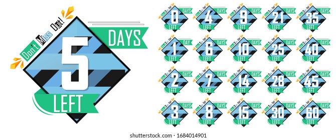Establecer etiquetas de cuenta regresiva, número de días a la izquierda banners plantilla de diseño, ilustración vectorial