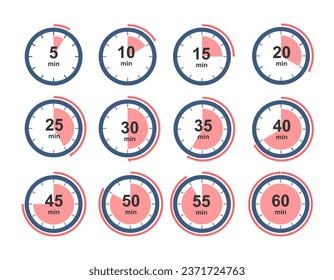 set of countdown timer icon symbol. from 5 minute to 60 minute. timer clock stopwatch vector isolated on white background.