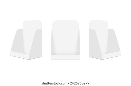 Set Of Counter Display Boxes Mockups, Front, Side View, Isolated On White Background. Vector Illustration