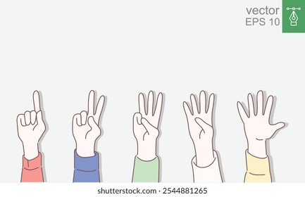 Conjunto de contar la señal de la mano de uno a cinco. Concepto de gestos de comunicación. Ilustración vectorial aislada en diseño plano de fondo colorido con contorno, línea delgada. EPS 10.