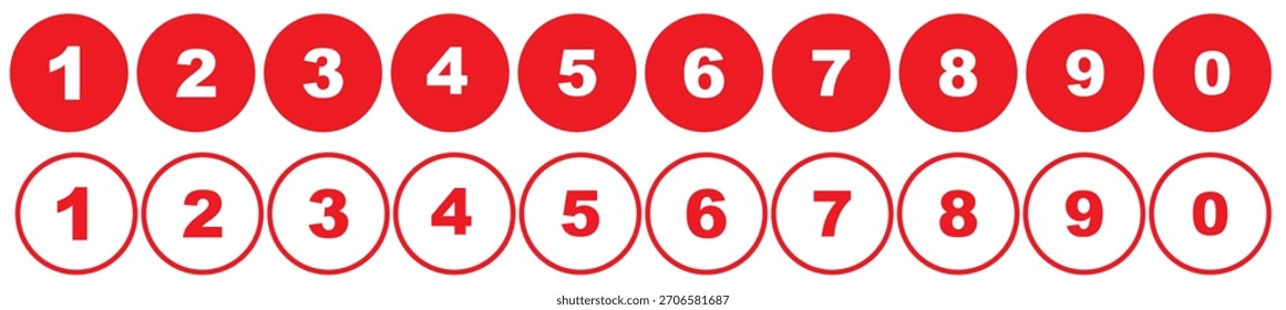 Conjunto de números de contagem de 0 a 9 em círculos pretos traçado e preenchimento. Conjunto de marcadores numéricos de 0 a 9. Tipografia numérica de números de 0 a 9 para aplicativos e interface do usuário isolada nos estilos de traçado e preenchimento
