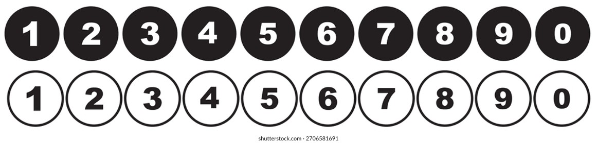 Conjunto de números de contagem de 0 a 9 em círculos pretos traçado e preenchimento. Conjunto de marcadores numéricos de 0 a 9. Tipografia numérica de números de 0 a 9 para aplicativos e interface do usuário isolada nos estilos de traçado e preenchimento