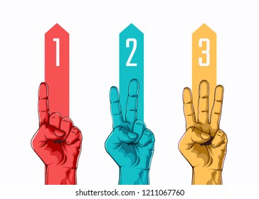 Set of counting one two three hand sign. Three steps or options concept. Vector illustration