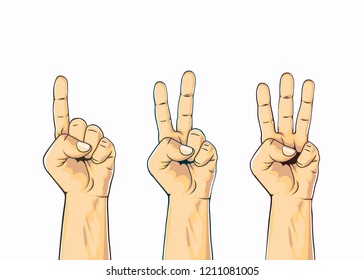 Set of counting one two three hand sign. Three steps or options concept. Vector illustration