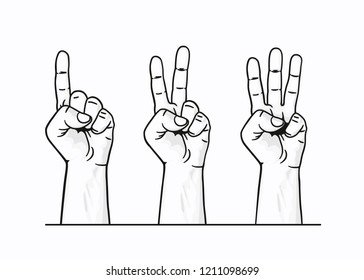 Set of counting one two three hand sign. Three steps or options concept. Vector illustration