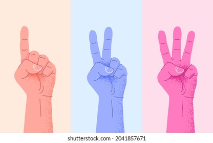 Set of counting one two three hand sign. Three steps or options concept. Vector illustration
