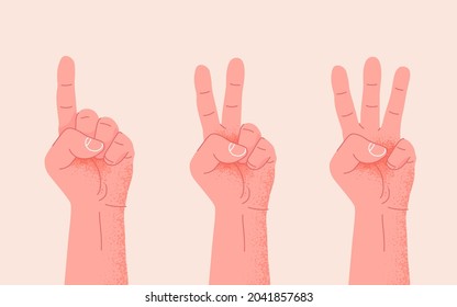 Set of counting one two three hand sign. Three steps or options concept. Vector illustration