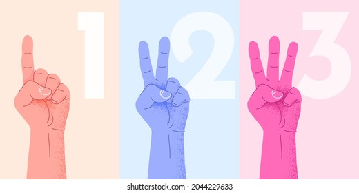 Set of counting one two three hand sign. Three steps or options concept. Vector illustration