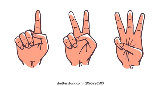 Set of counting one two three hand sign. Three steps or options concept. Colored flat vector illustration.