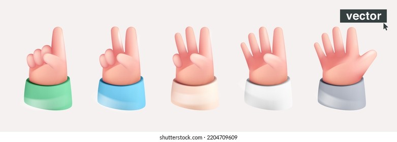 Set of counting one, two, three, four, and five hand sign. Realistic 3D render design in cartoon style. Vector illustration. Perfect for business banner, education posters, sport icons.