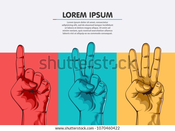 Set of counting one two\
three hand sign. Three steps or options concept. Vector\
illustration