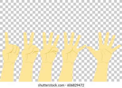 set of counting or voting hand from one to five, at transparent effect background