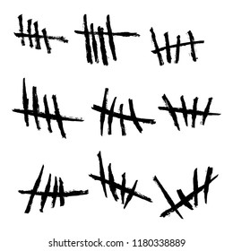 Set of counting waiting number on wall prison illustration. Vector tally marks isolated on white background. 